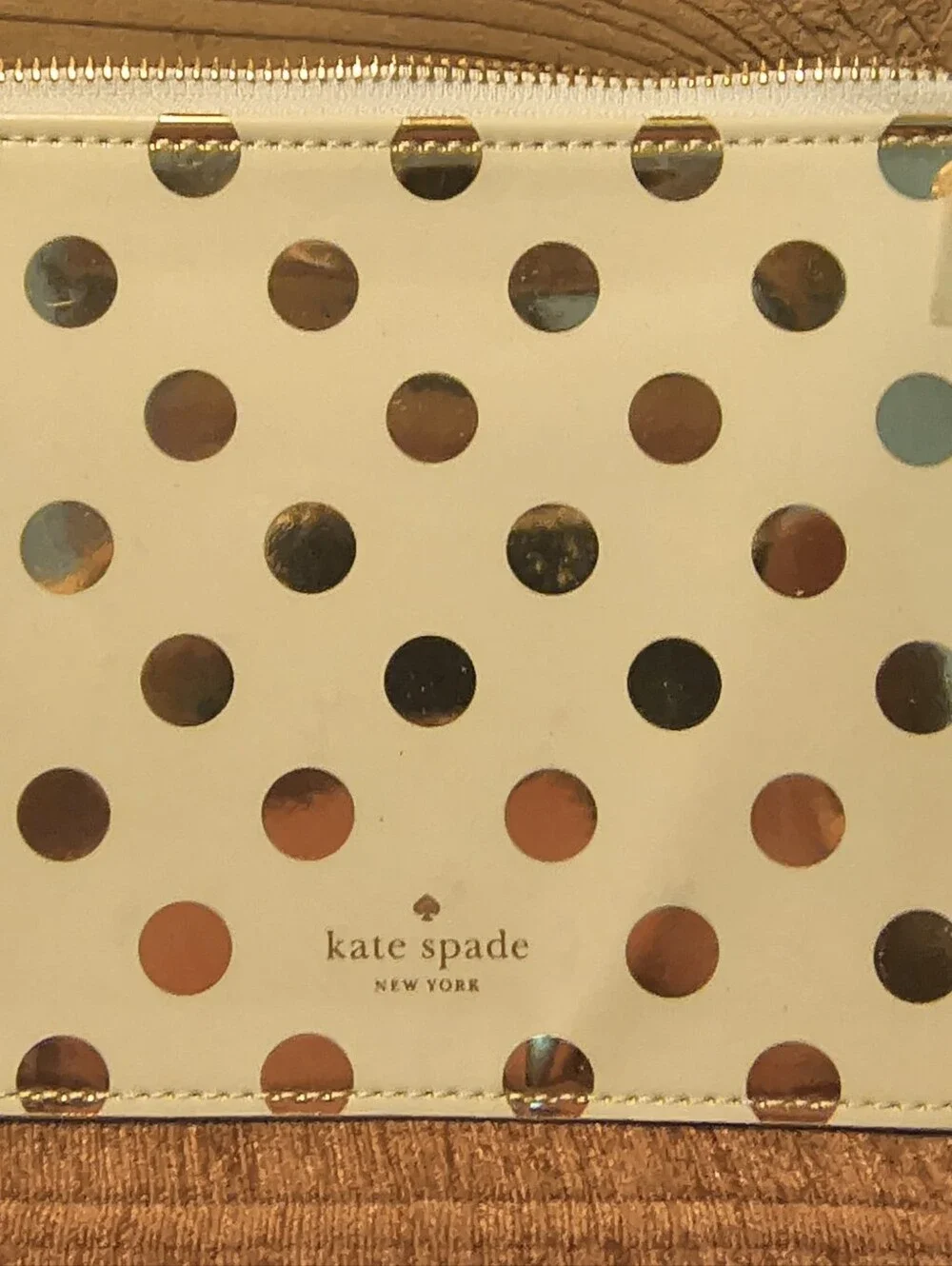 NWOT Kate Spade Pencil Pouch Polka Dot Cosmetic Case Travel Cream Gold w/Ruler